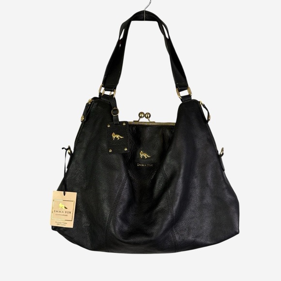 EMMA FOX Dressage Frame Kiss-Lock Black Leather Satchel Vibrant Cotton Interior - Picture 2 of 16